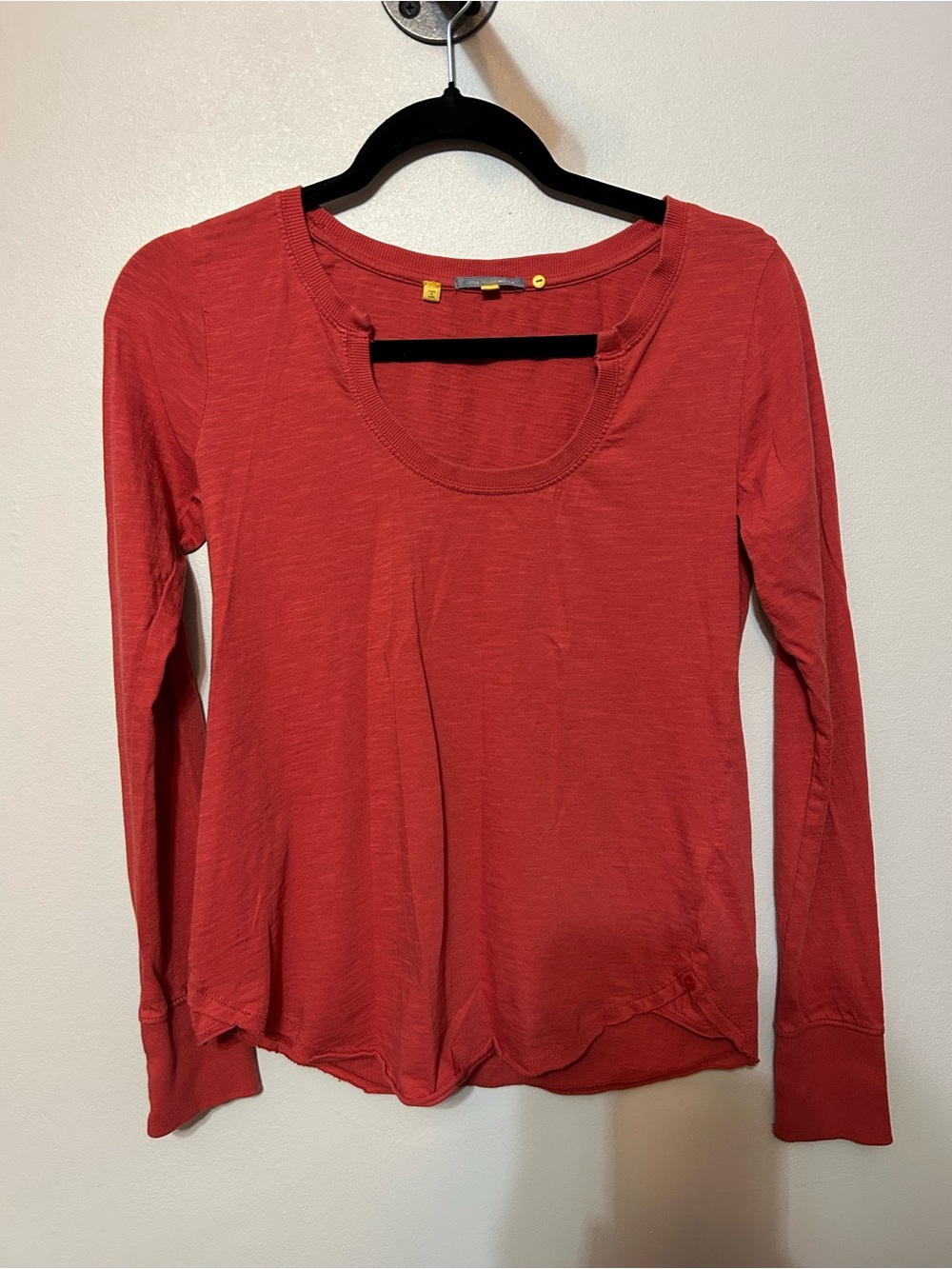 Little Yellow Button Long Sleeve Top in Brick Red Natural Fiber Minimalist